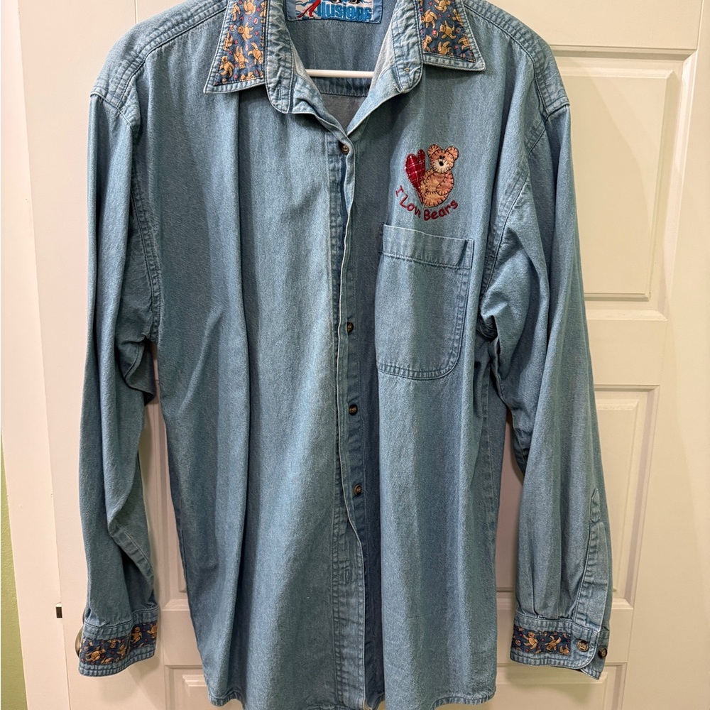 Vintage Grandma Denim Button Down Shirt with Embroidered Bear Design